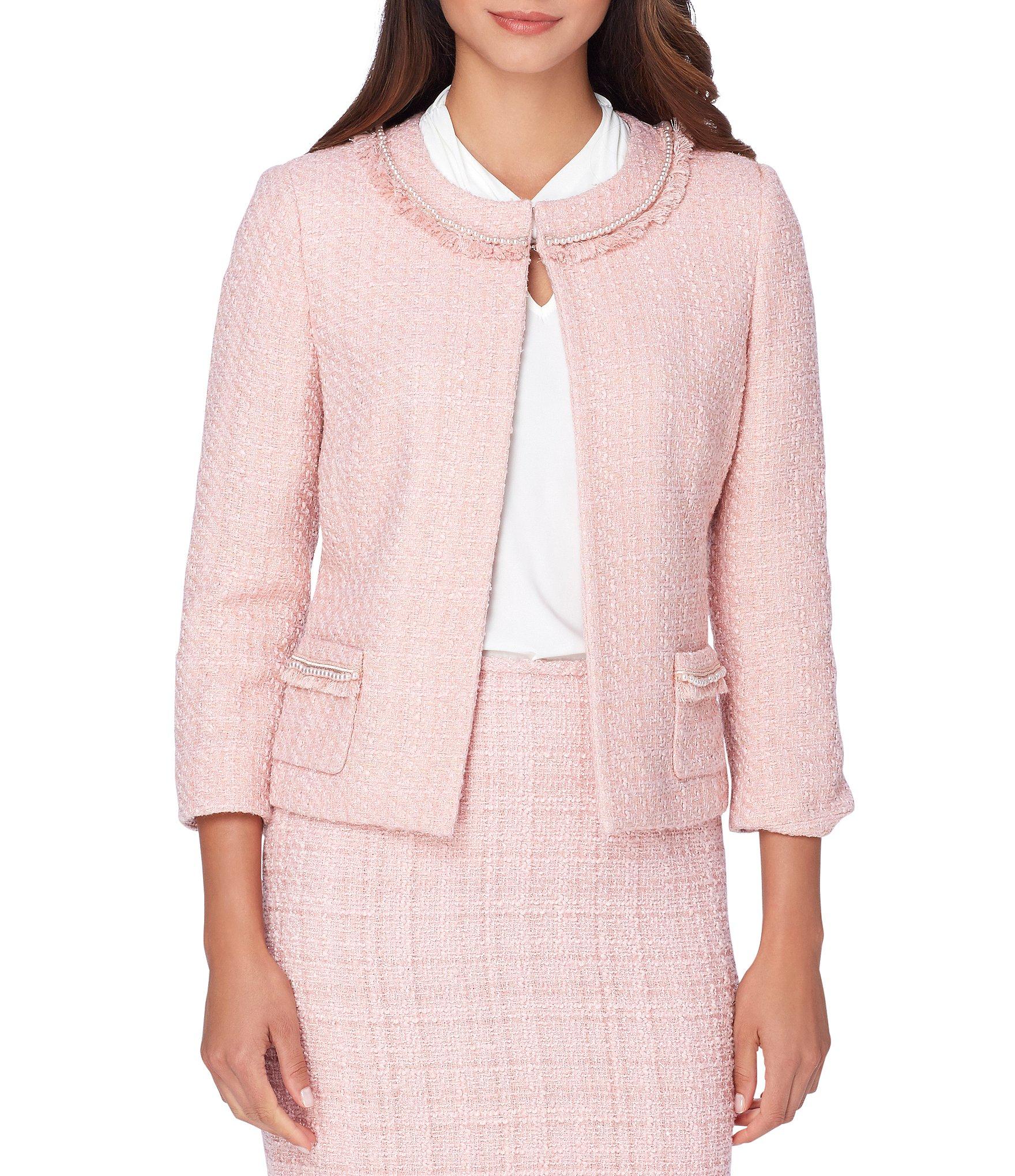 Tahari Fringe-detail Pearl Trim 3/4 Sleeve Boucle Jacket in Pink ...